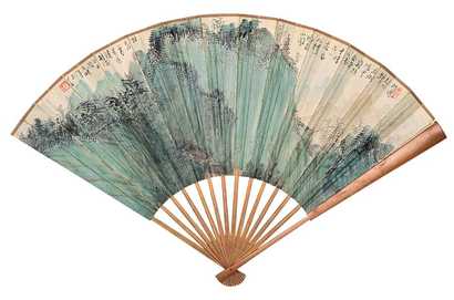 溥心畬 杨研乡 戊寅（1938年）作 山水 书法 成扇